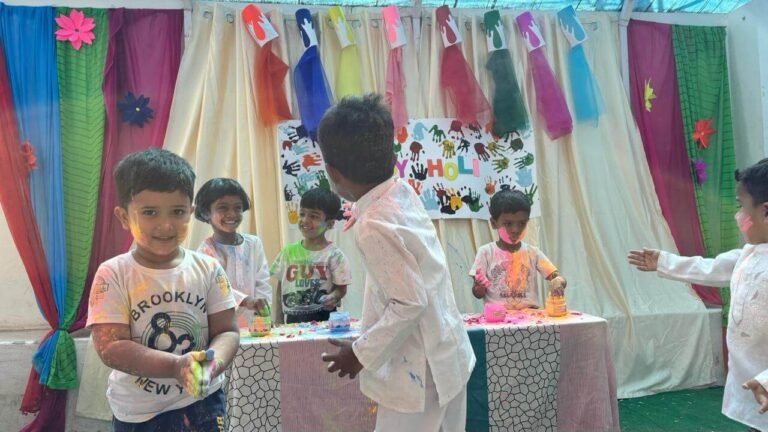 Students celebrating the festival of colors on Holi at Lovedale International School, Hyderabad, Banjara Hills, spreading fun, laughter, and happiness.