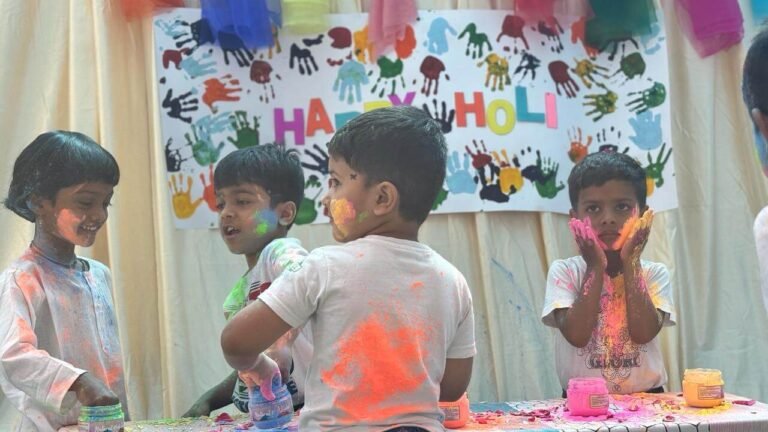 Students embracing the spirit of love and unity on Holi at Lovedale International School, Hyderabad, Banjara Hills, spreading joy and celebration.